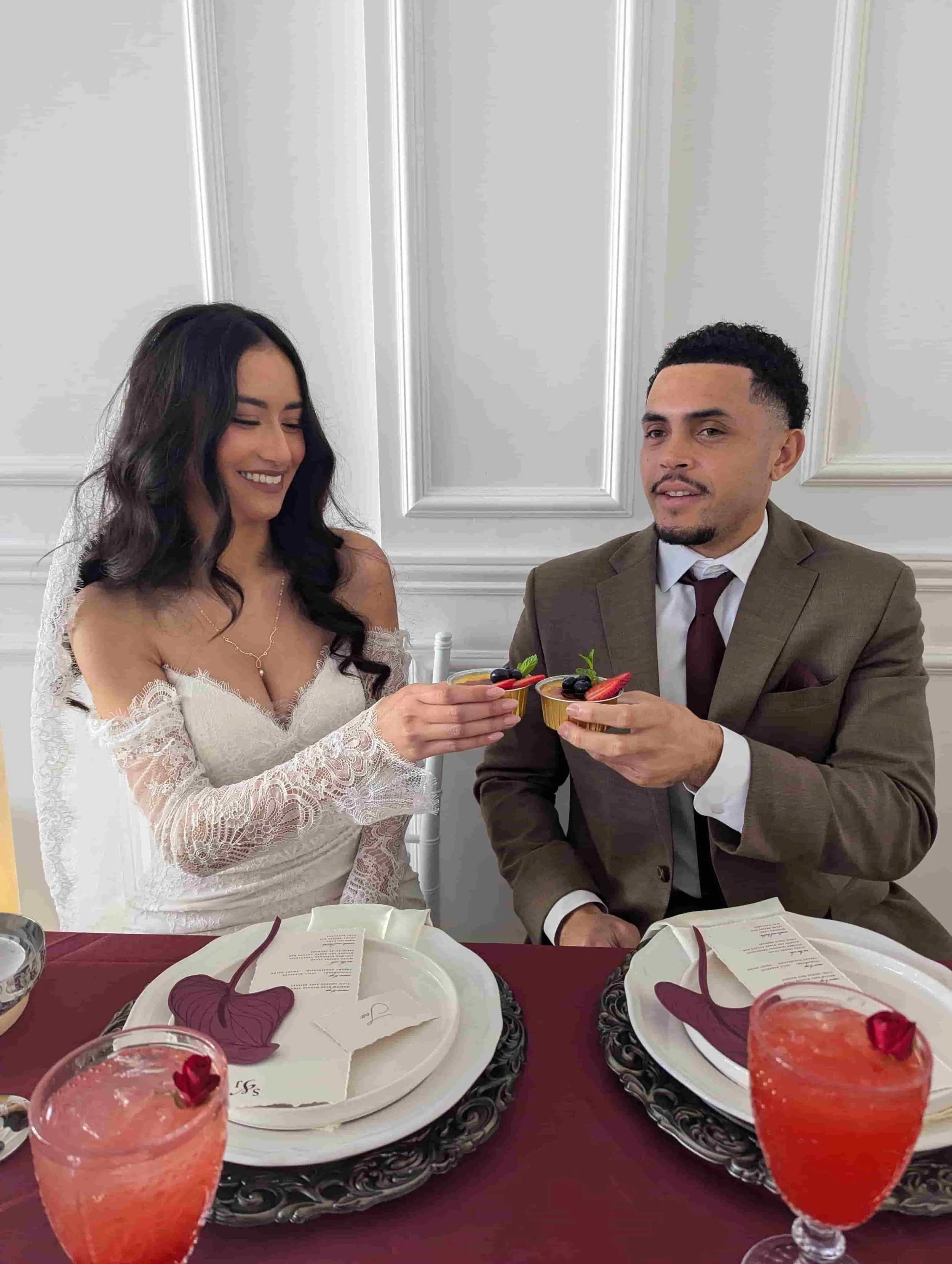 Bride and groom enjoying crème brûlée dessert bar catering at a wedding in Los Angeles and Orange County