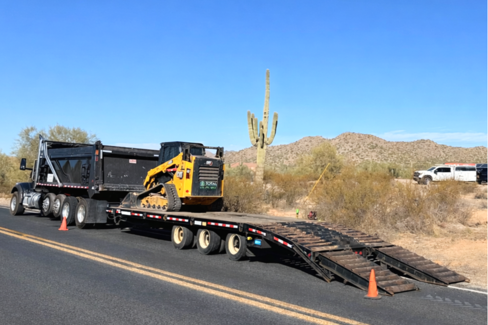 Dump truck with Bobcat, desert, cactus, Arizona, East Valley