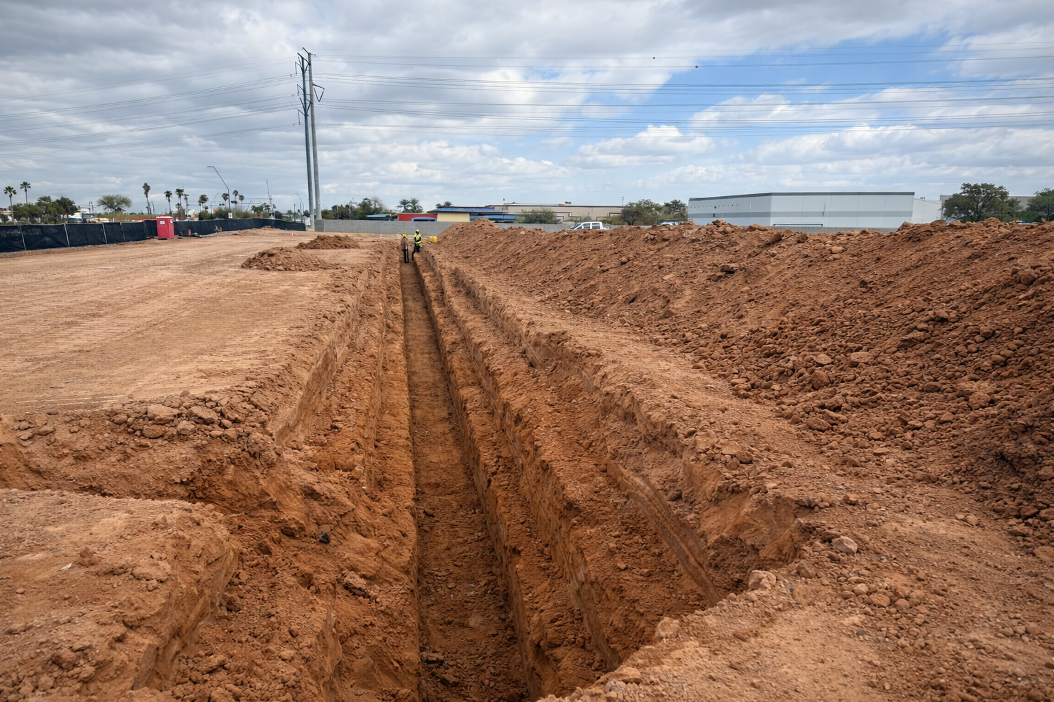 Construction site with large trench dug into reddish-brown soil, three workers in safety gear standing near the trench, power lines and industrial buildings in the background under a cloudy sky.