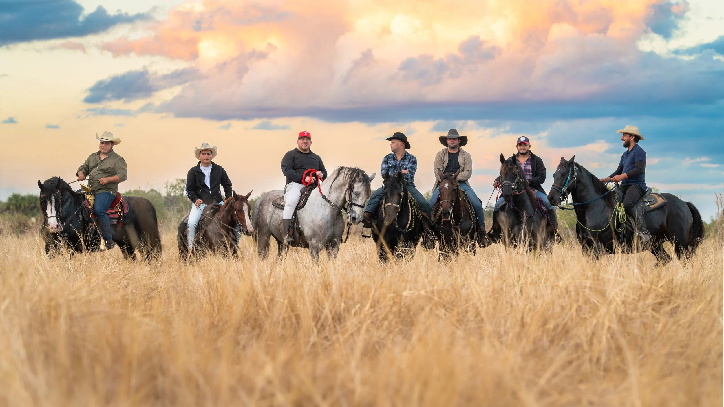 Grupo de ocho personas montadas en caballos en un campo de trigo bajo un cielo con nubes y atardecer. Vaqueros Del Pantano.
