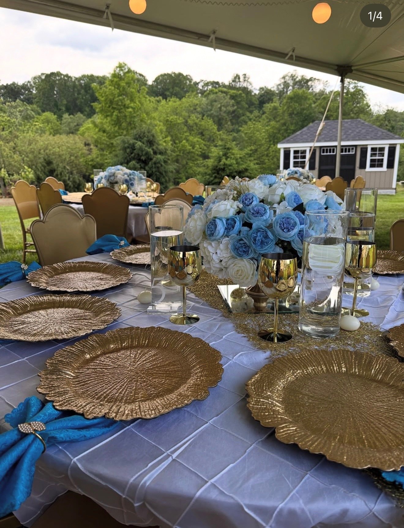A decorated outdoor table set with gold charger plates, blue and white floral centerpieces, and glassware under a tent in a lush green garden.