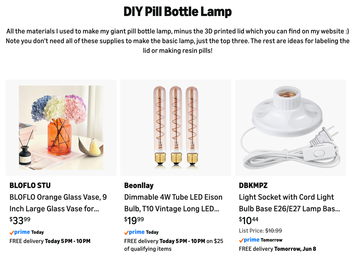 An online product display for a DIY pill bottle lamp, showing three items: a colorful flower arrangement in an orange glass vase, three vintage-style LED eision bulbs, and a white light socket with a cord and switch.