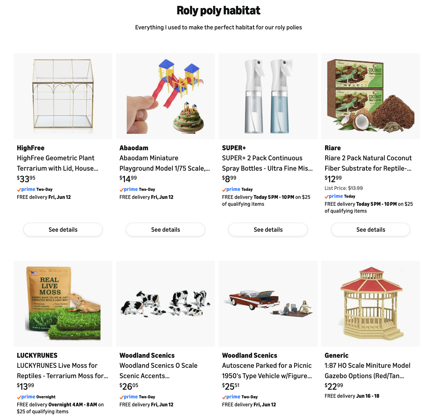 an online shopping webpage featuring products for creating a roly poly habitat for reptiles or small animals, including a plant terrarium, miniature playground, spray bottles, coconut fiber substrate, live moss, cow figurines, a model car, a gazebo