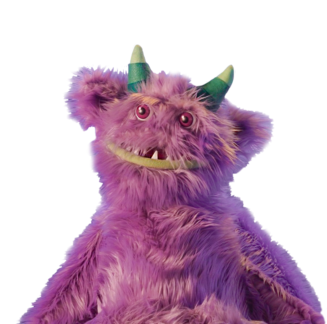 A purple furry monster with green horns, large eyes, and a friendly smile.