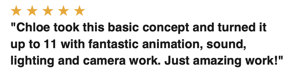 Customer review with five stars praising Chloe's animation, sound, lighting, and camera work in an 11-second project.