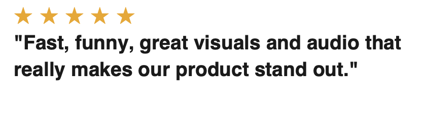 Five gold stars and a quote praising the product for fast, funny visuals and audio that makes it stand out.