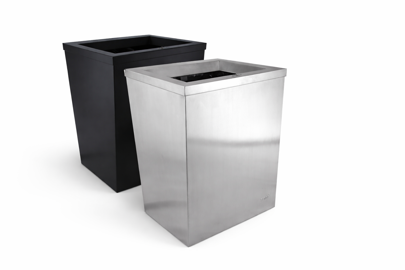 Two metal trash bins, one black and one stainless steel, positioned side by side on a white background.