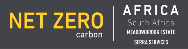 NET ZERO carbon logo with Africa, South Africa, Meadowbrook Estate, and Serra Services text