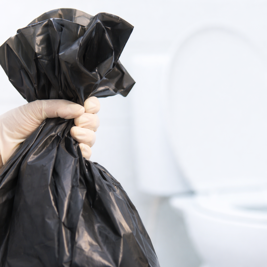 Person wearing a disposable glove holding a black trash bag, with a white toilet in the background.