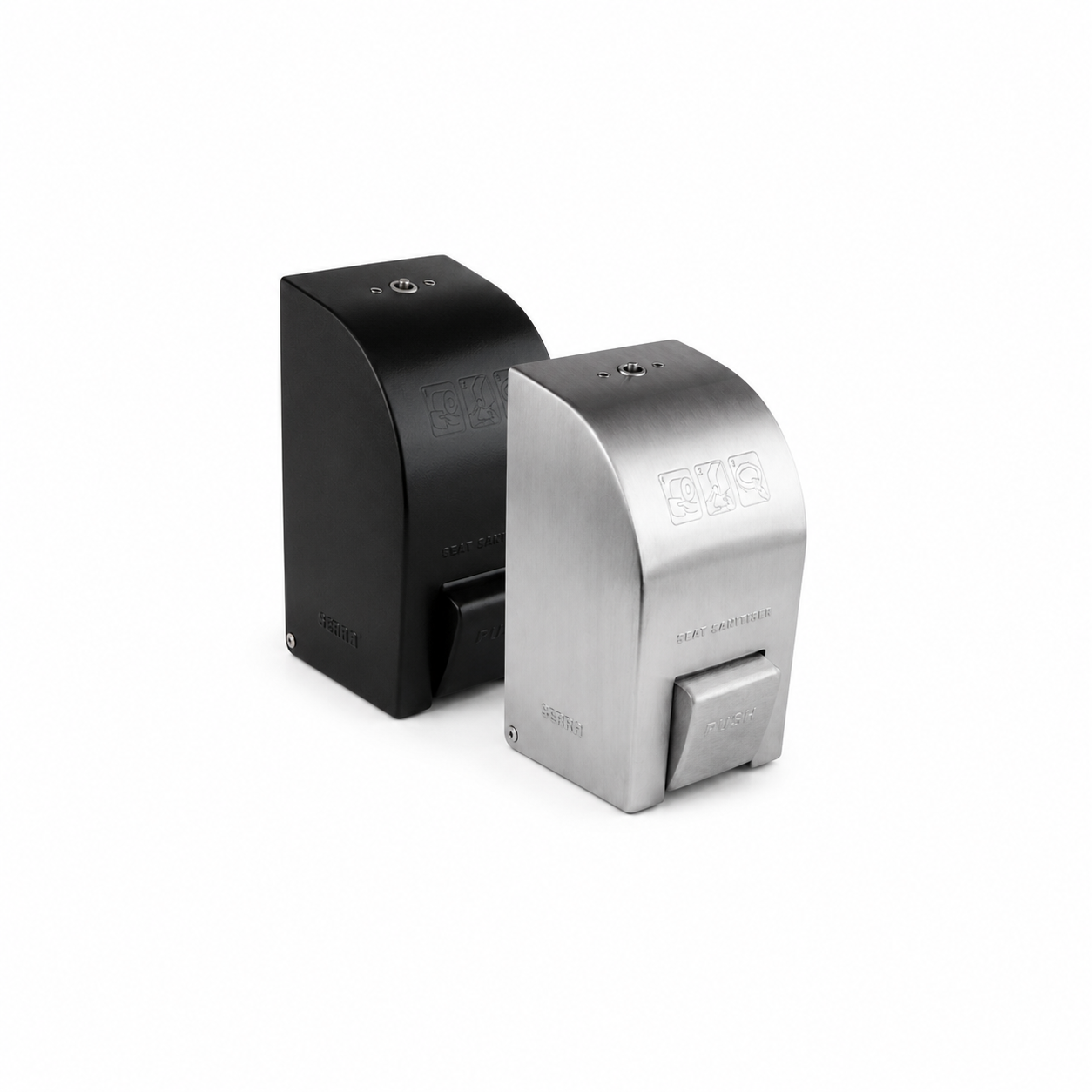 Two stainless steel and black soap manual dispensers one in black and one in silver, on a white background.