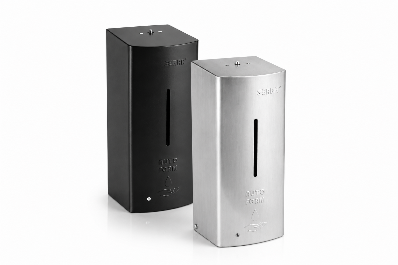 Two automatic soap dispensers, one black and one silver, with a spray symbol and the words "AUTO FOAM" on the front, placed on a white surface.
