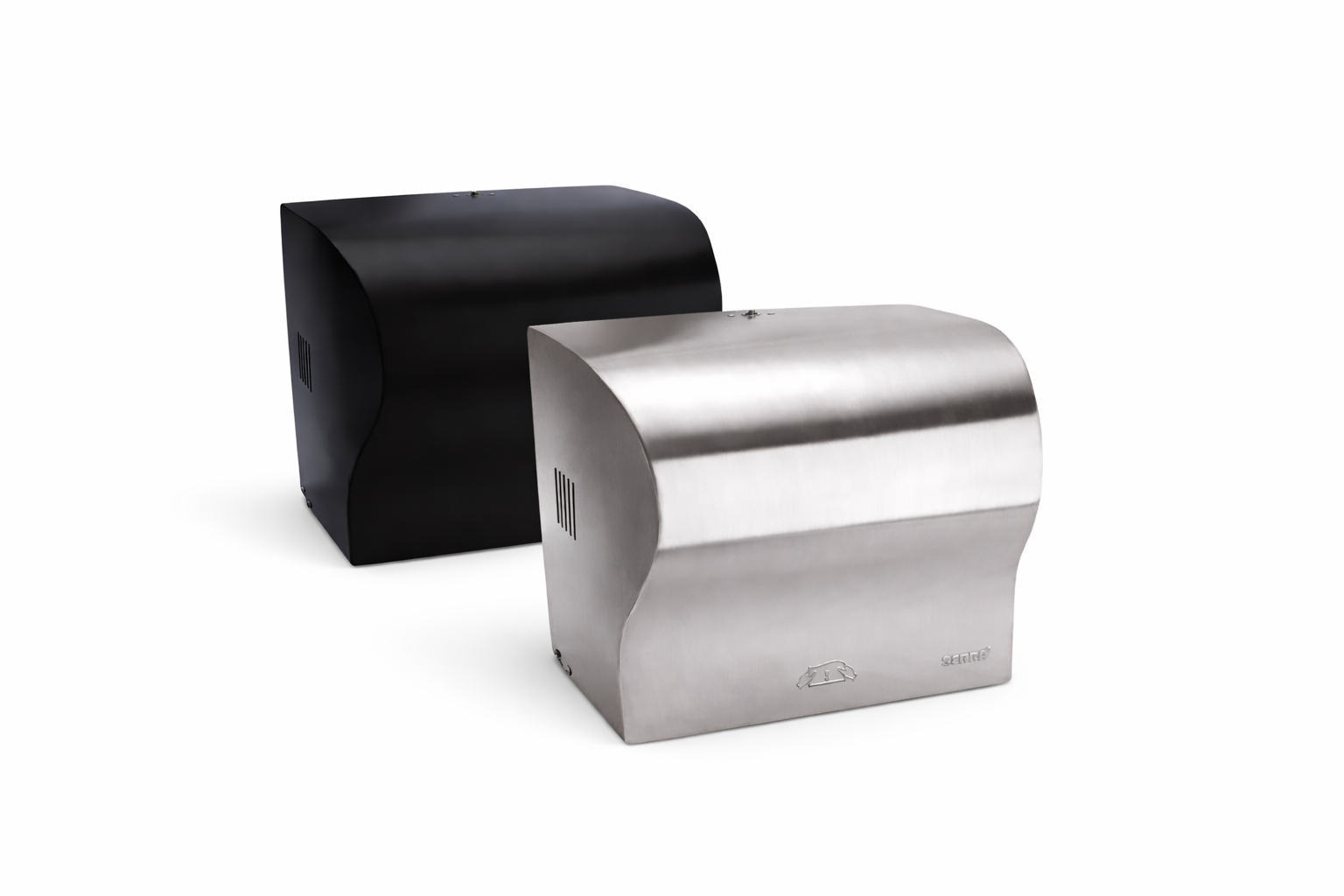 Two modern, curved metal and black stainless steel automatic hand dryers on a white background.