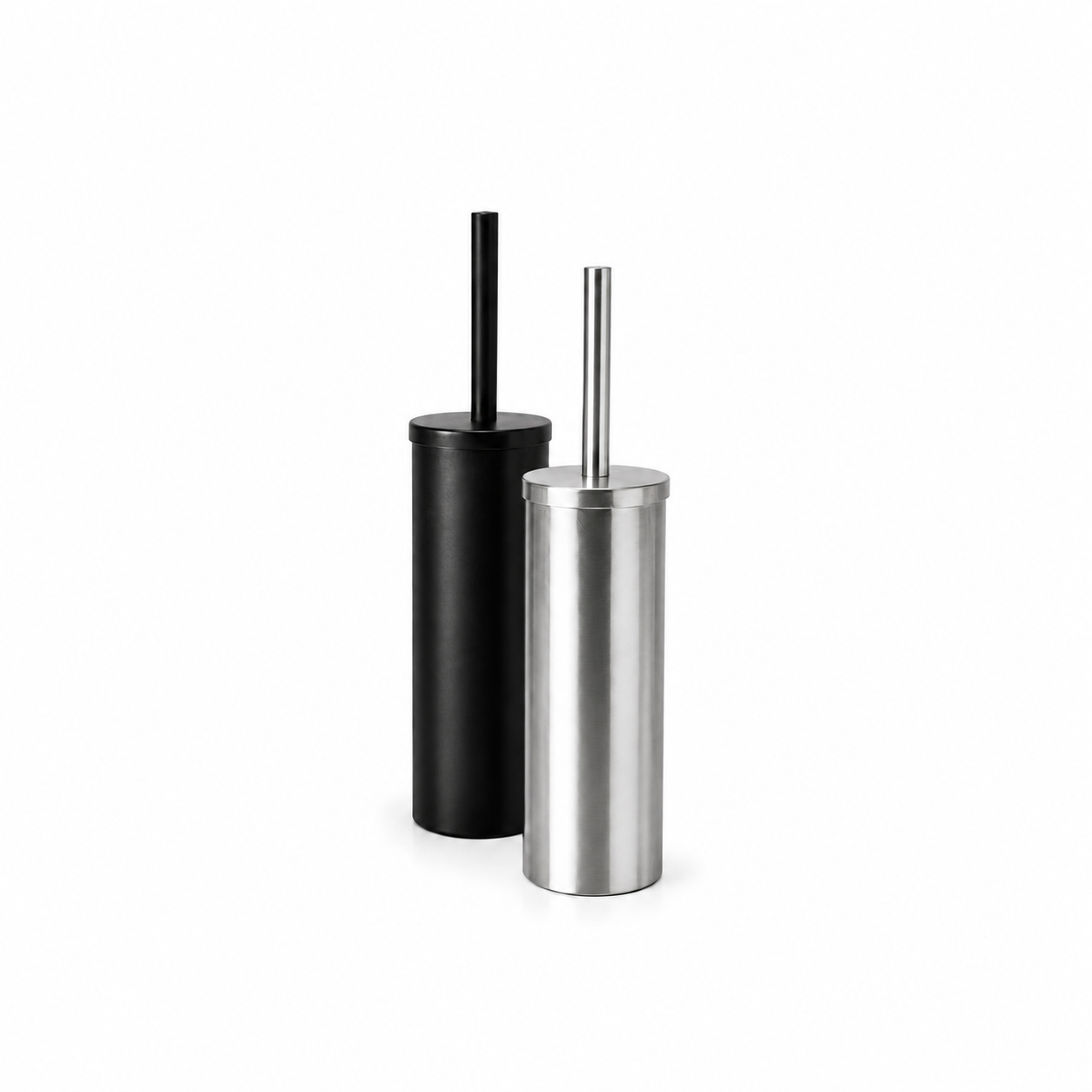 Stainless steel and black toilet brushes with matching containers, minimal design, on a white background.
