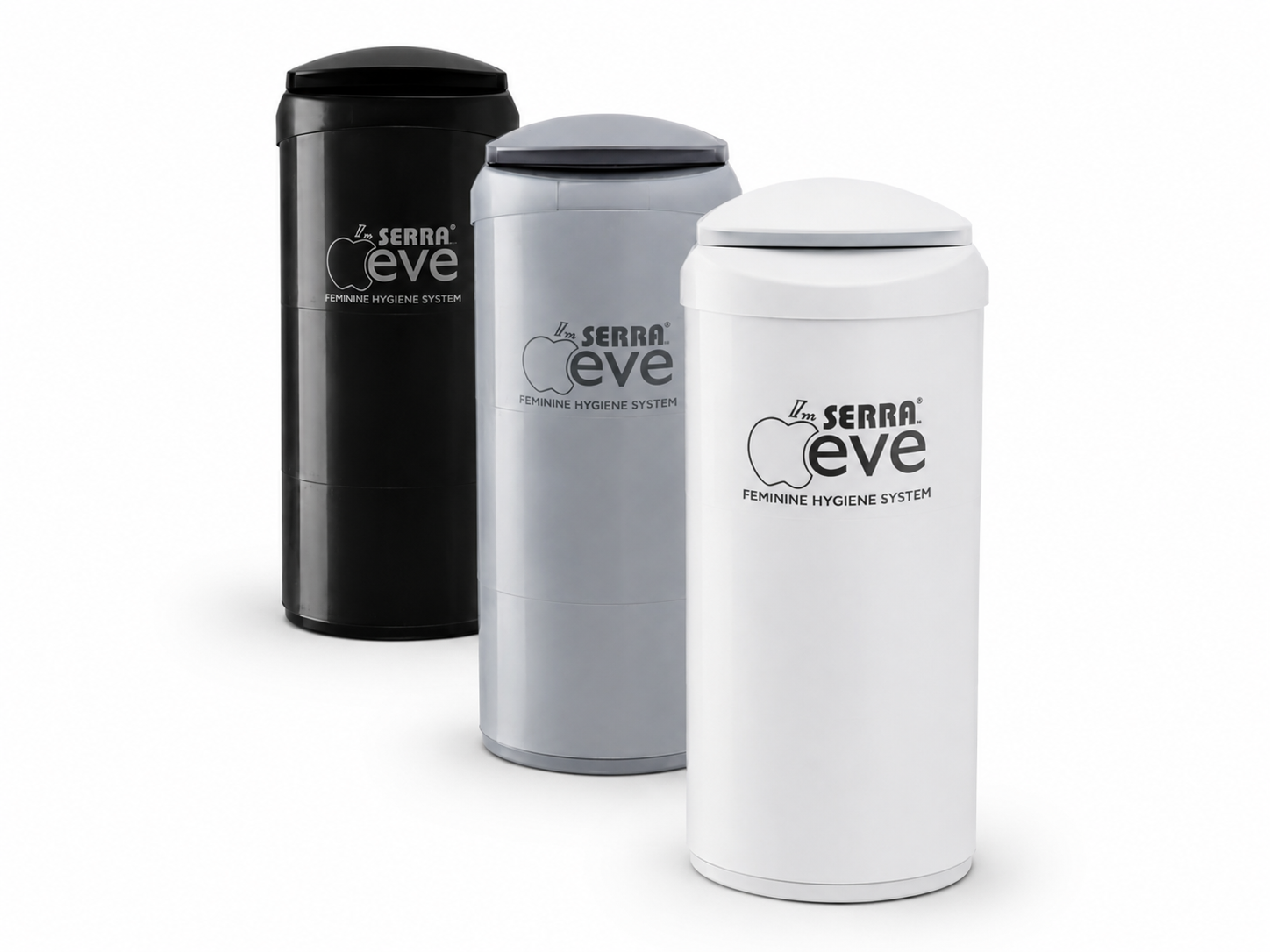 Three cylindrical feminine hygiene product dispensers in black, gray, and white, all with the brand name 'Serra Eve' and the phrase 'Feminine Hygiene System' printed on them.