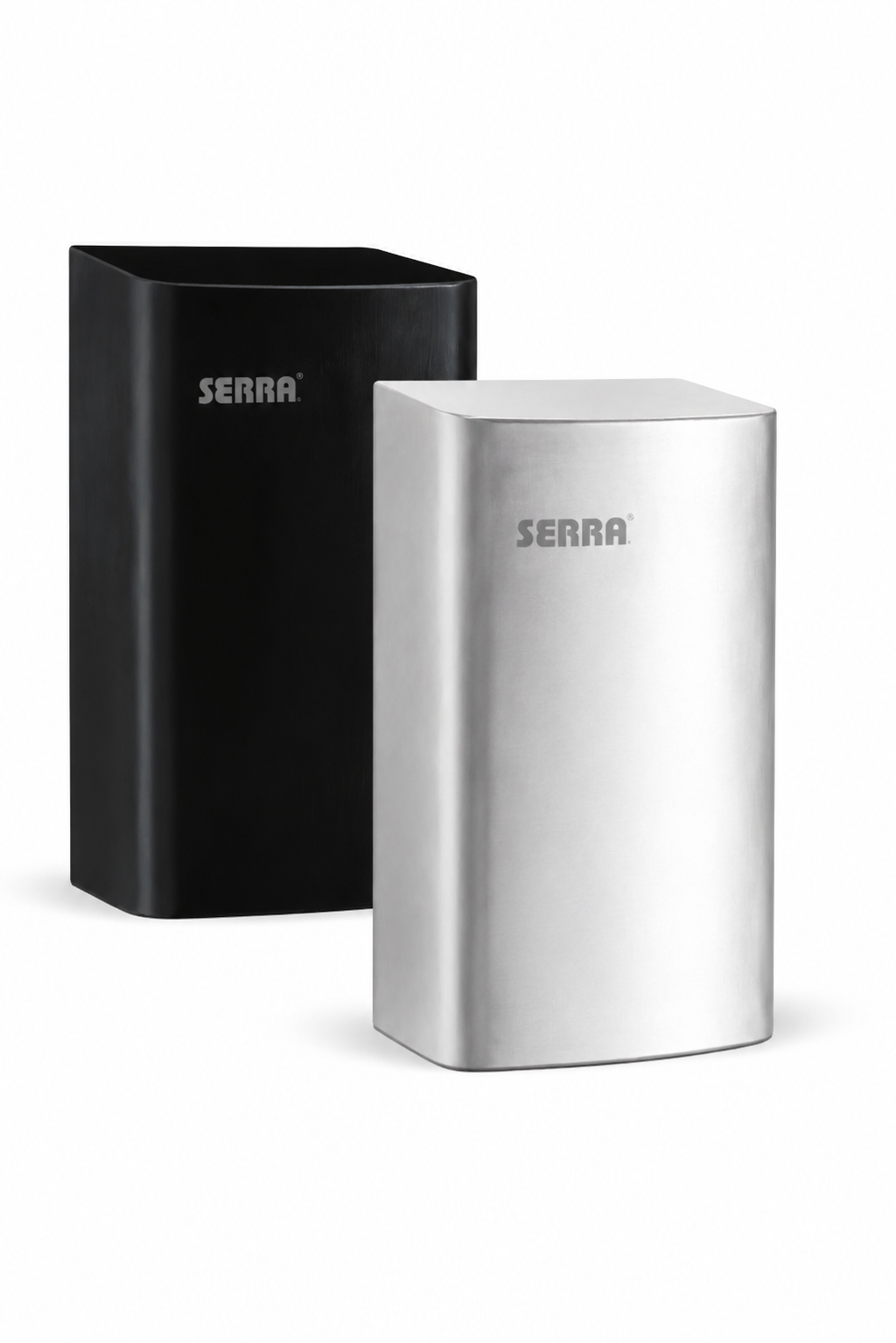 Two metal automatic hand dryers, one black and one silver, with the brand name Serra on the front in gray text, positioned against a plain white background.