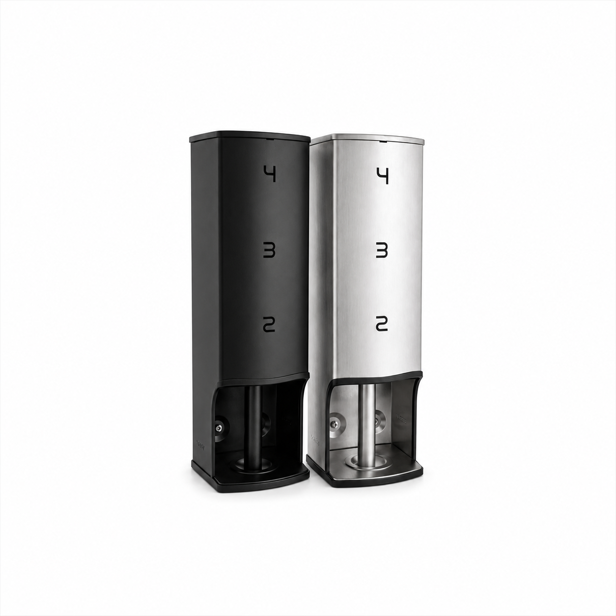 Two modern, sleek toilet roll dispensers, one black and one silver, standing side by side against a white background.