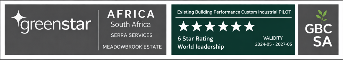 GreenStar Africa South Africa certification label for Meadowbrook Estate, with a 6-star rating, valid from April 2024 to May 2027, and GBCSA logo.