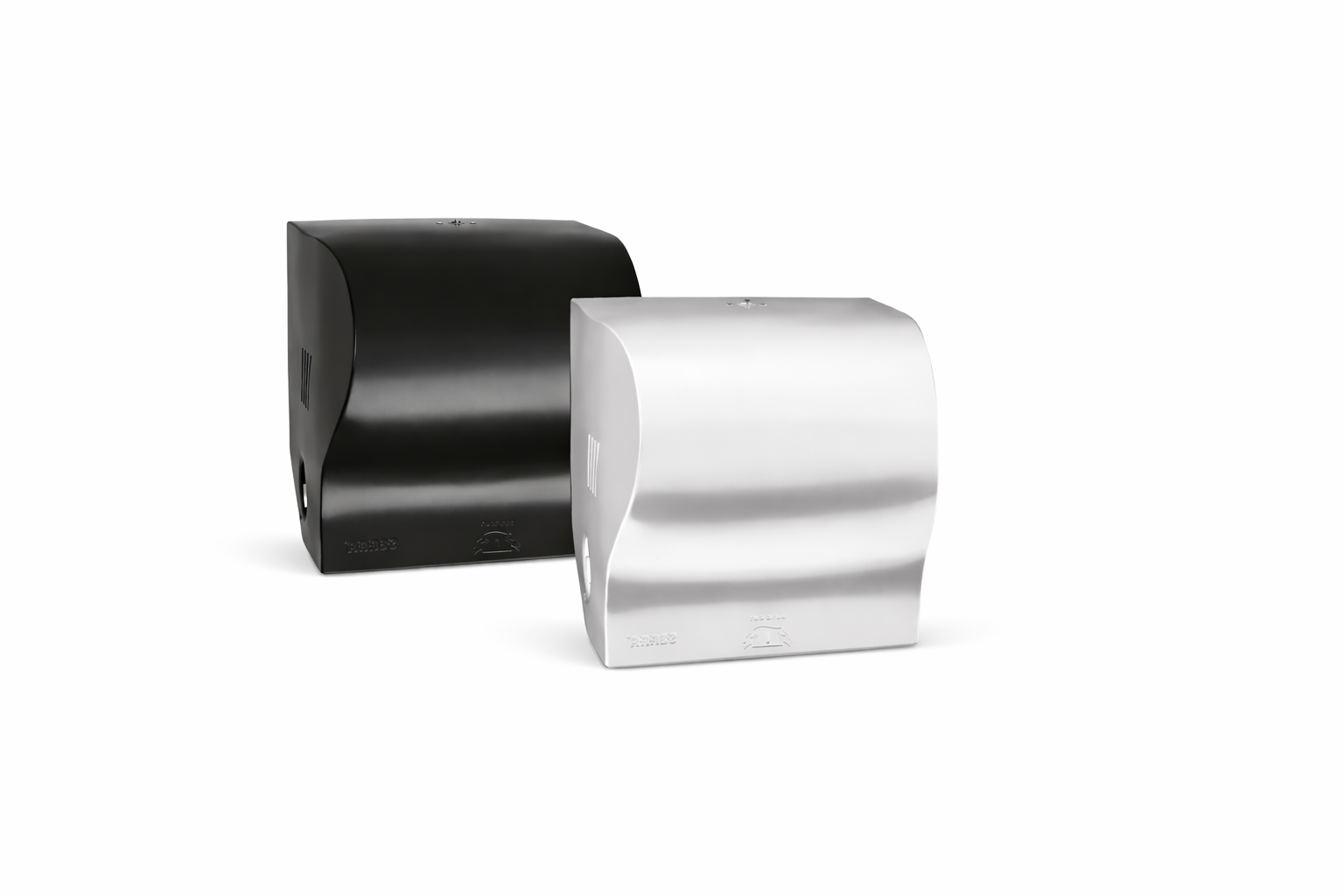 Two modern paper towel dispensers, one black and one silver, placed side by side on a white background.