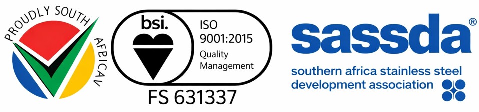 Image featuring certification and quality marks from Proudly South African, BSI ISO 9001:2015, and SASSDA (Southern Africa Stainless Steel Development Association).