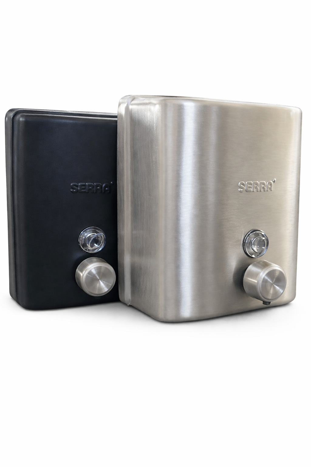 Two metal soap dispensers, one black and one silver, with button on the front.