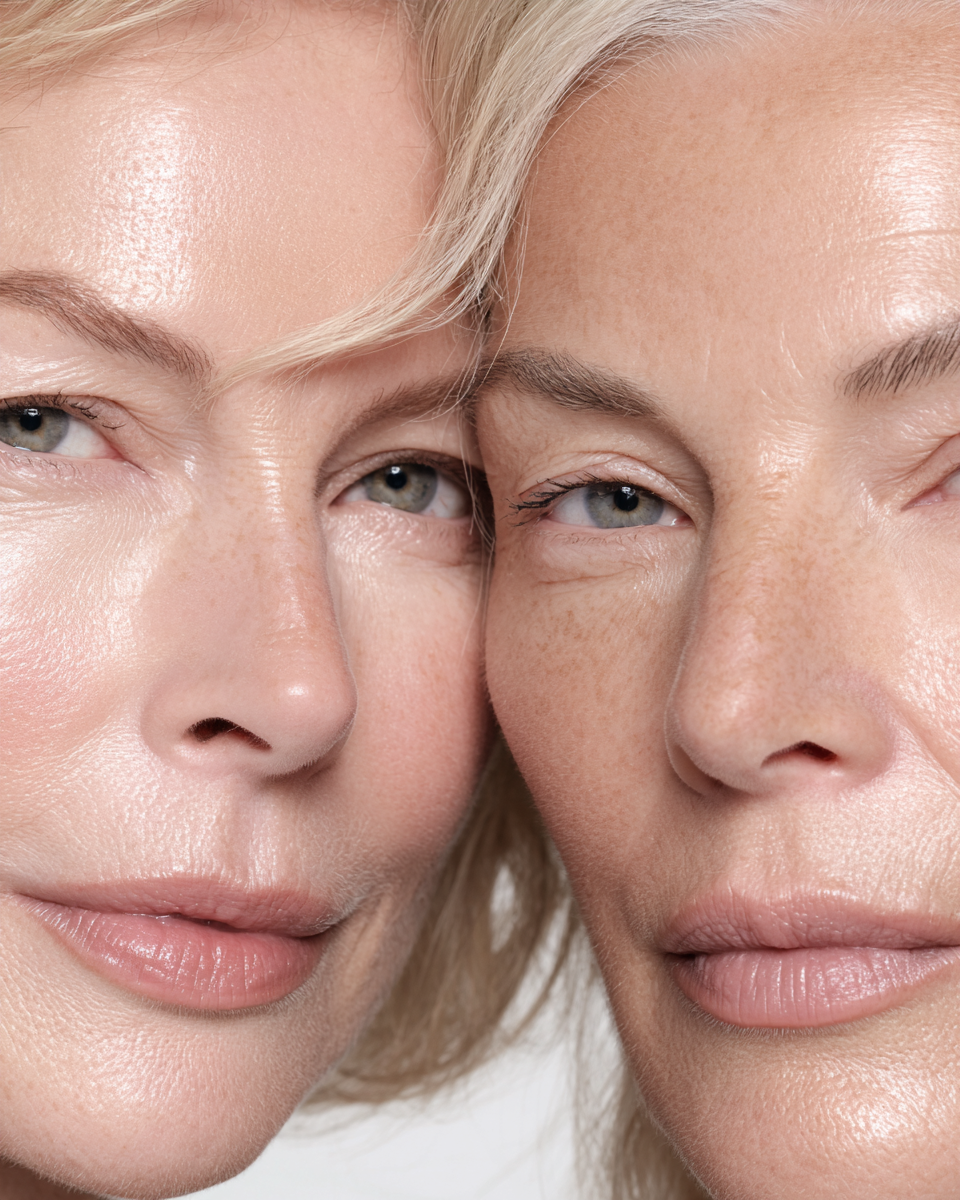Close-up of two women with flawless skin and natural makeup, touching heads and looking at the camera.