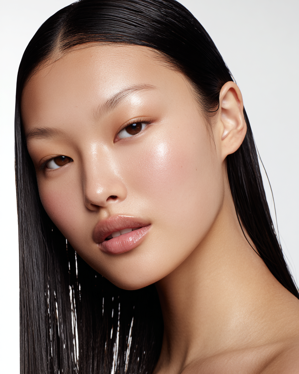 A close-up portrait of a young Asian woman with smooth, shiny black hair and glowing skin.