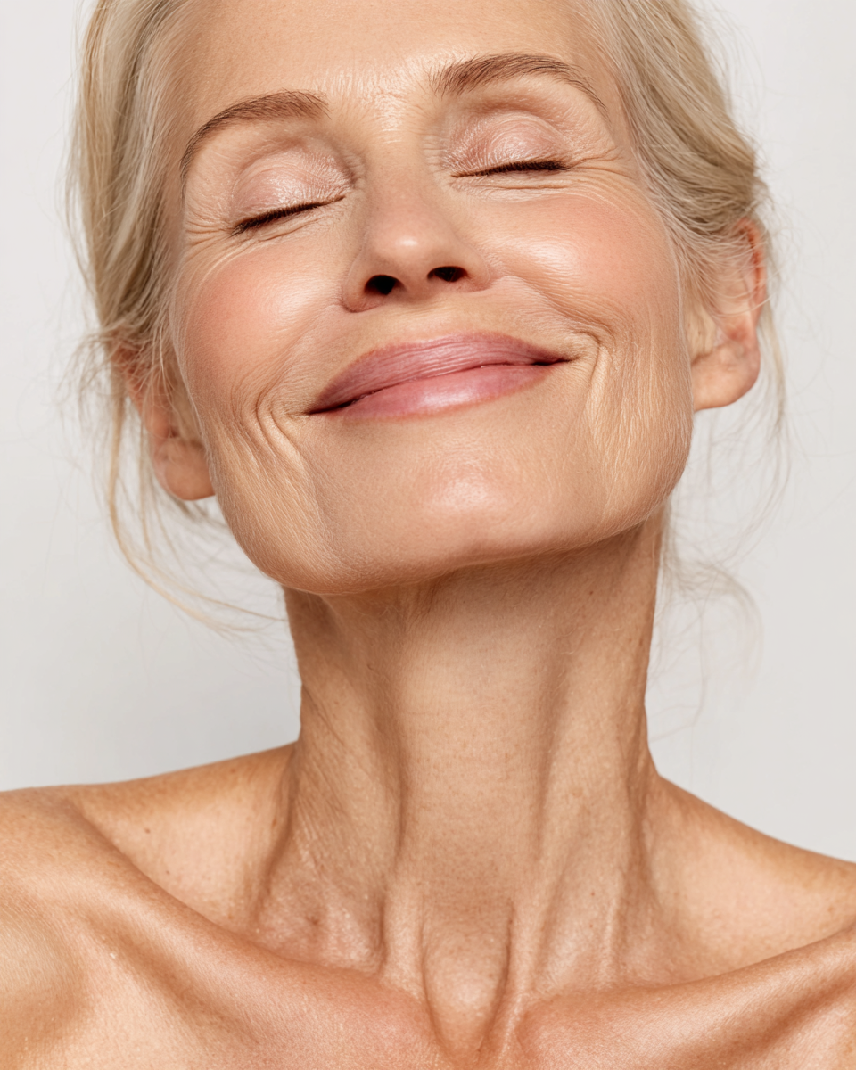 Close-up of a smiling older woman with closed eyes, light blonde hair, and aged skin.