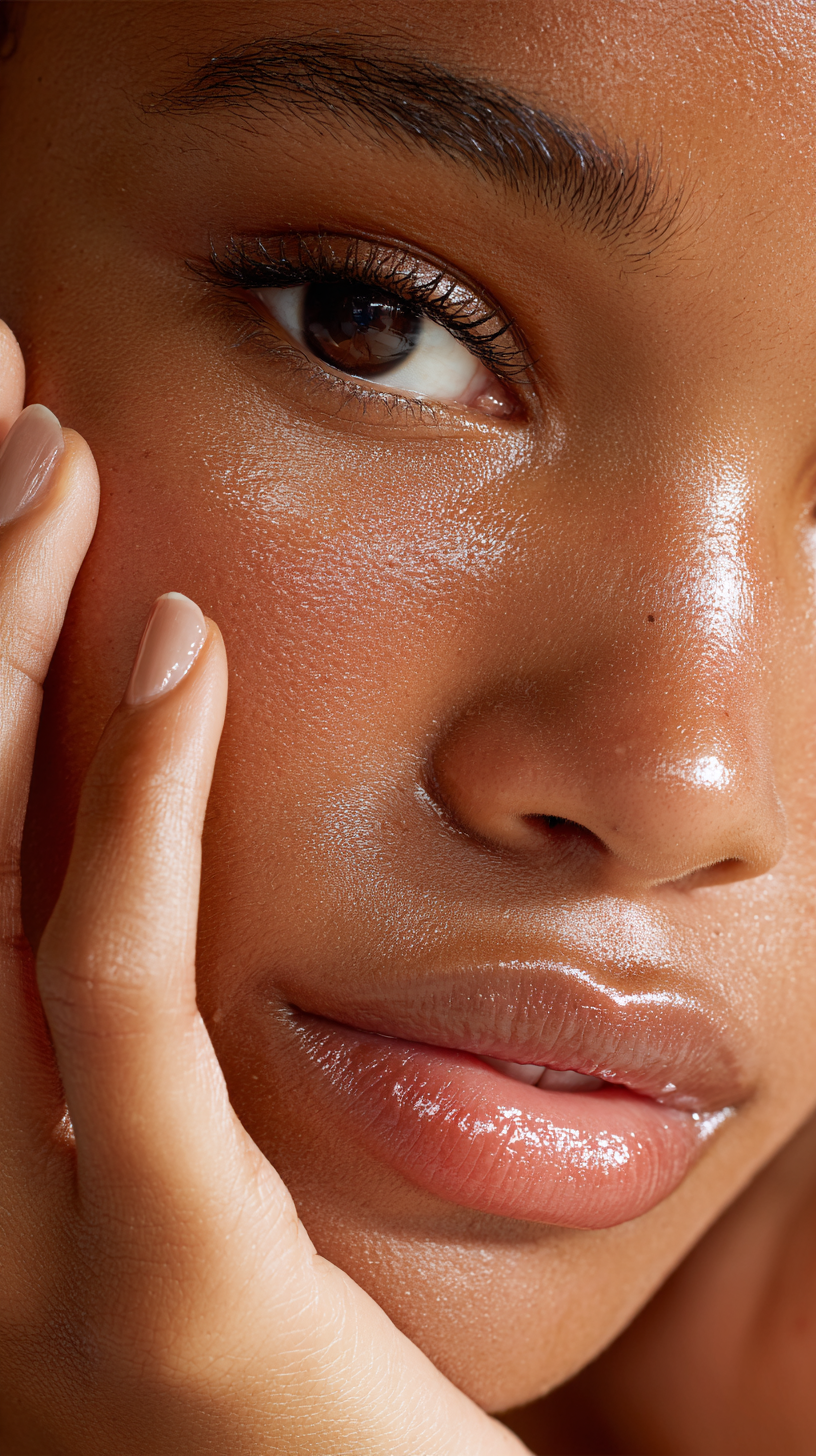 Close-up of a woman's face, showing her eye, nose, and lips with a finger touching her cheek, her skin appears dewy and radiant.