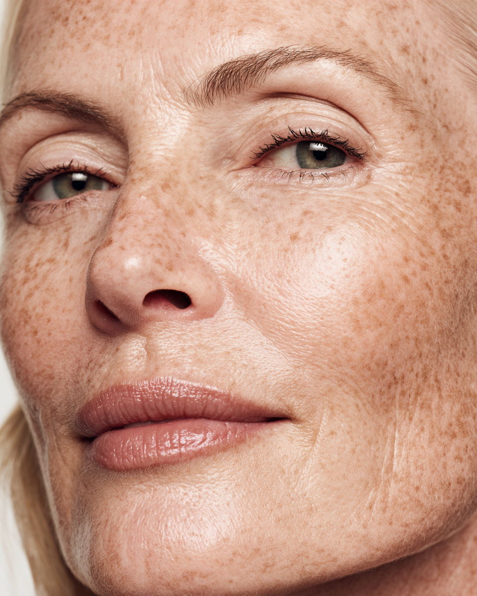 Close-up of a woman's face with fair skin, freckles, blue eyes, and light makeup.