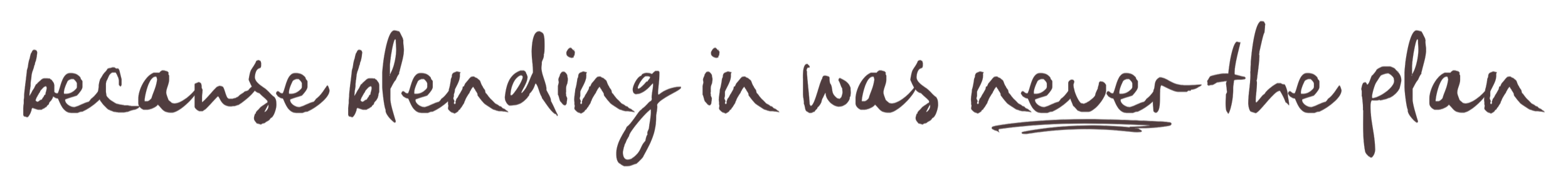 Handwritten text saying 'because blending in was never the plan'.