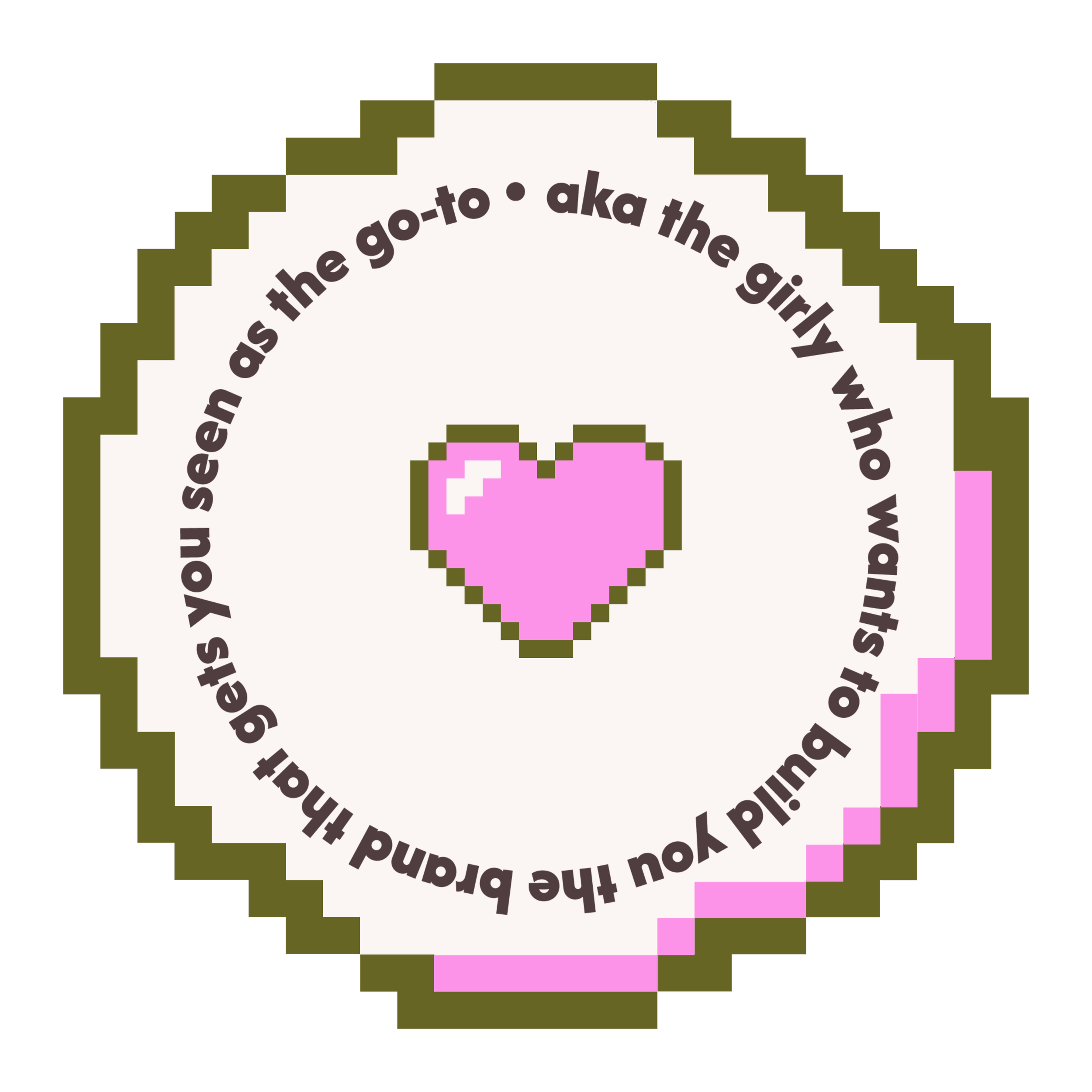 Pixelated badge with circular text and a pixel art pink heart in the center.
