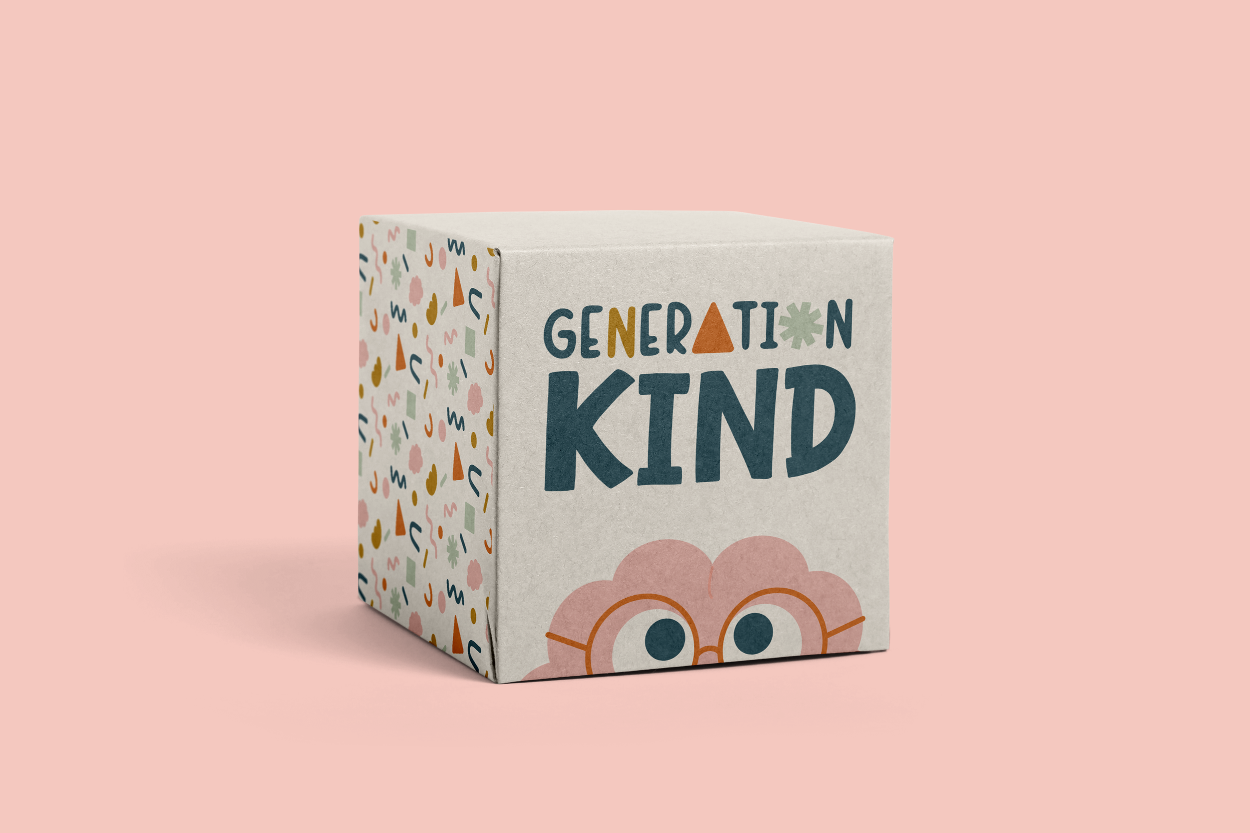 A greeting card with the words 'Generation Kind' and a cartoon face of a child with glasses and curly hair, set against a pink background.