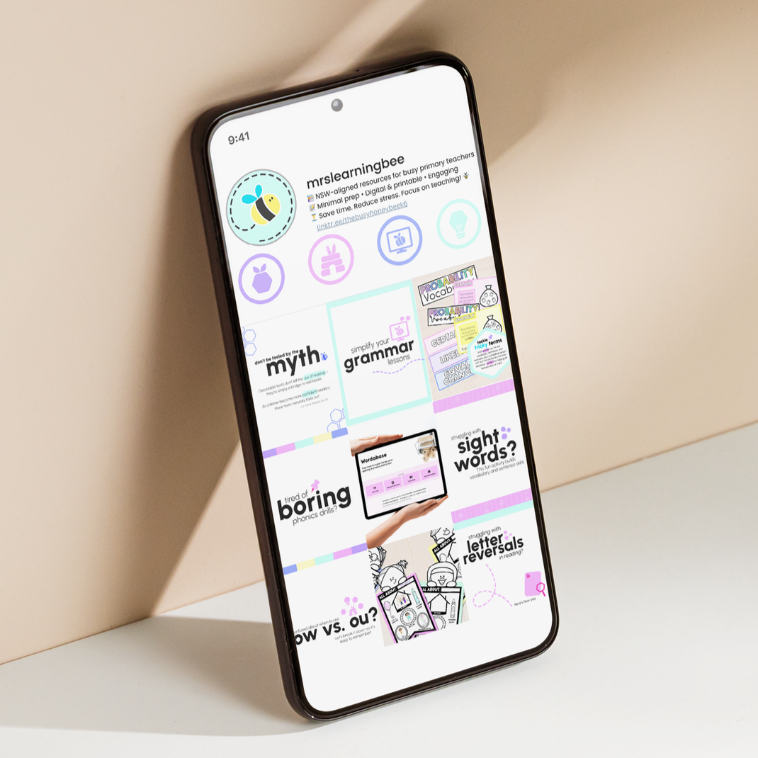 A smartphone displaying educational resources and lessons for teaching grammar, sight words, phonics, and letter reversals.