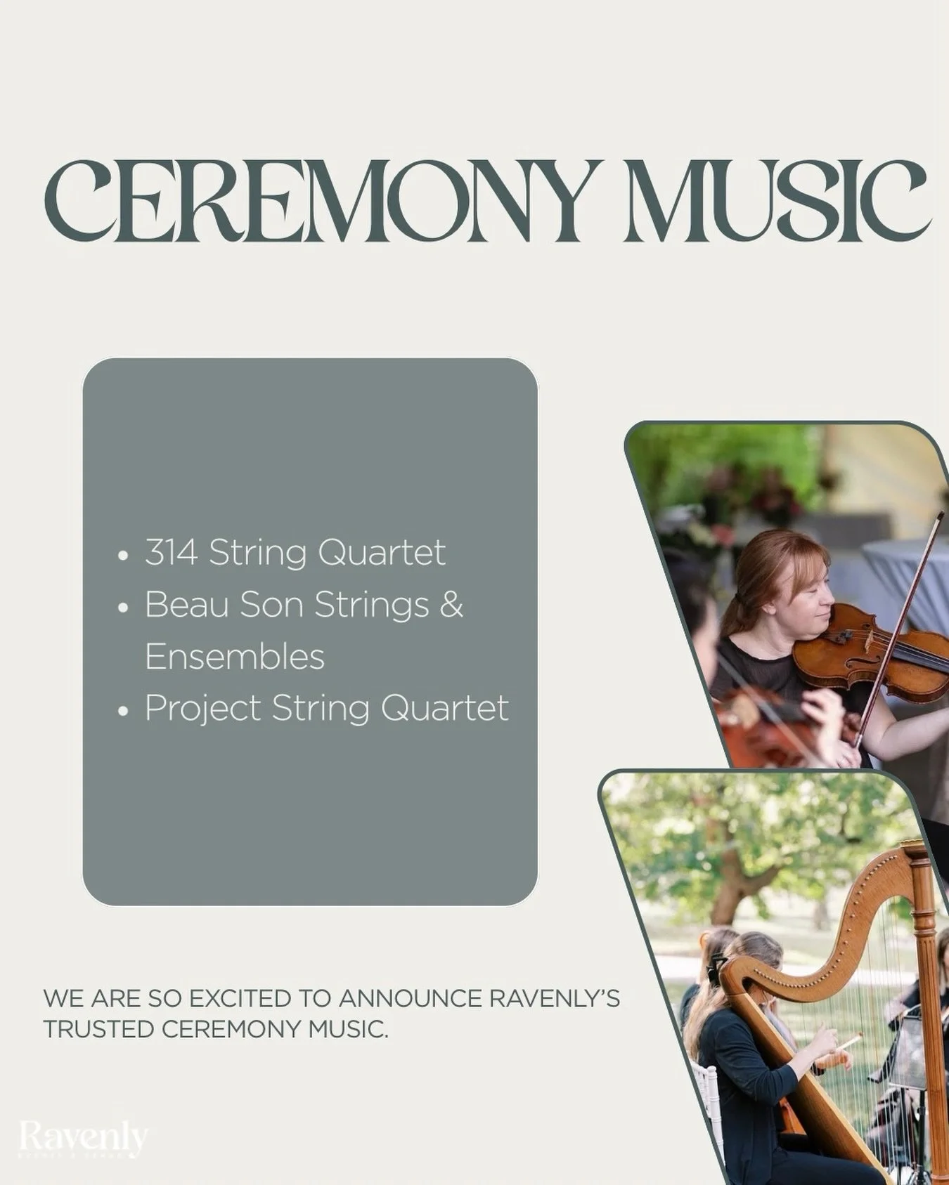INTRODUCING RAVENLY&rsquo;S TRUSTED WEDDING CEREMONY MUSICIANS💍💒

We are so happy to officially announce our trusted Wedding Ceremony Musicians! All of our trusted musicians have years of experience and are loved by all. There are no wrong option w