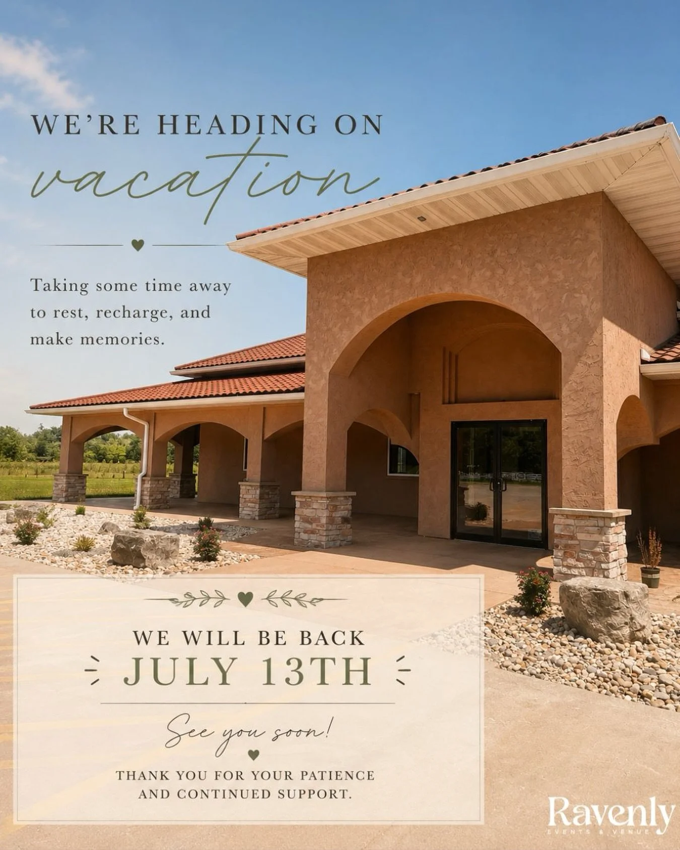 After all the renovations and hard work, we are heading on vacation for the week to recharge!

We will be back on July 13th. Thank you to everyone for always supporting us and being so patient. We hope everyone had such a great Fourth of July🤍
