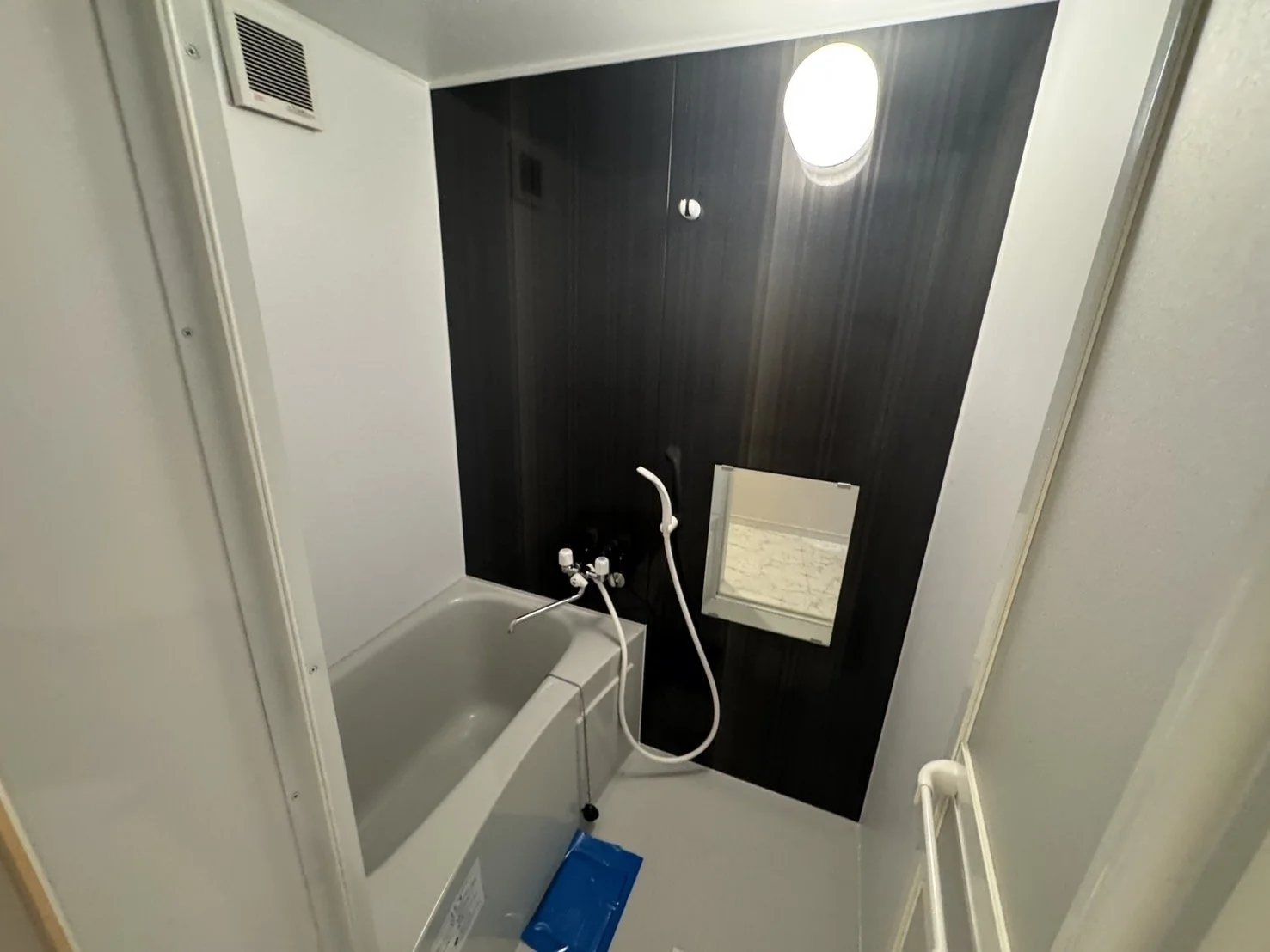 小さな浴室、白い浴槽と洗い場にシャワーと鏡。壁はダークウッド調。天井に丸い照明。