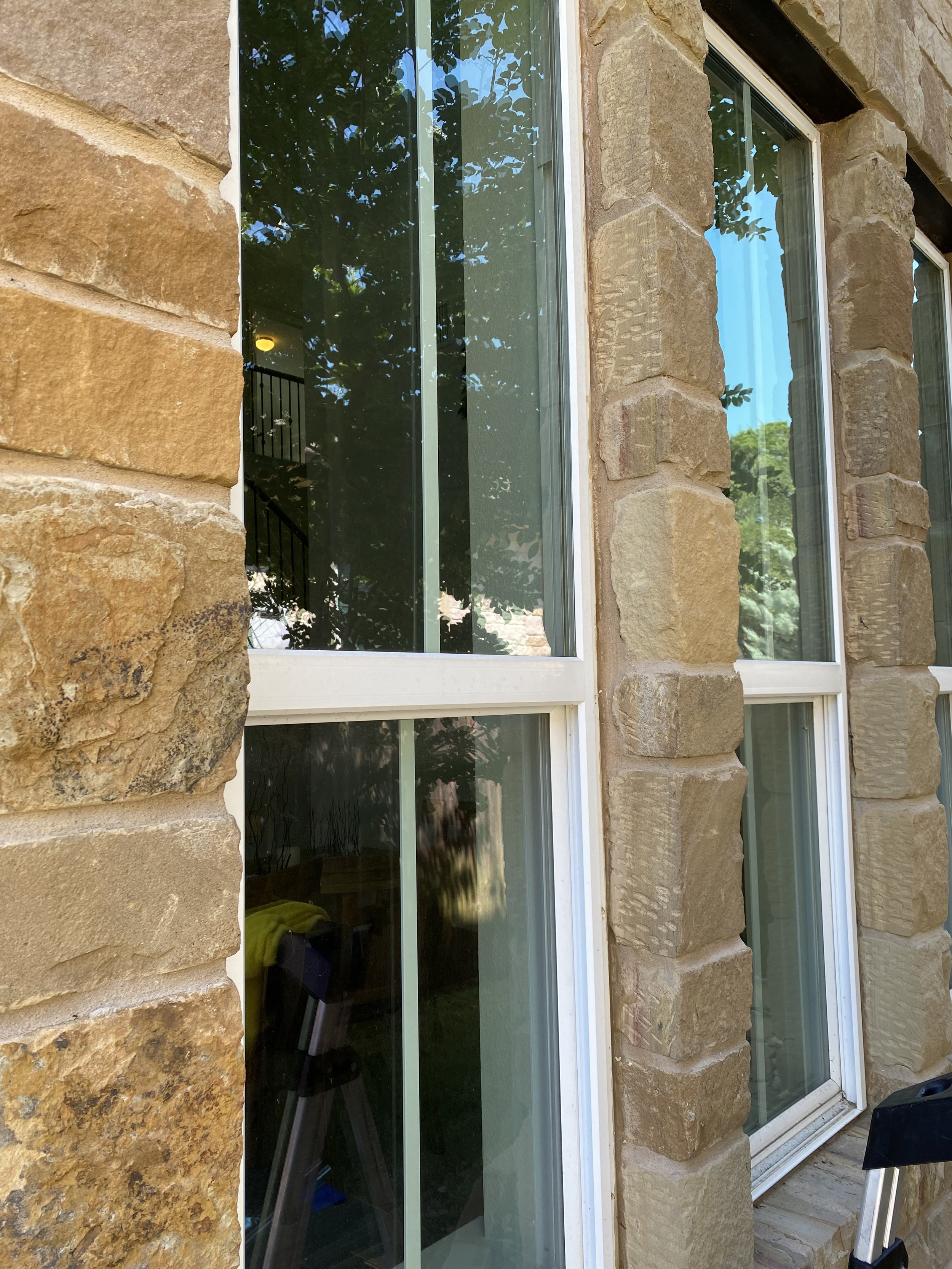 Close up of spotless streak free windows reflecting the background of trees