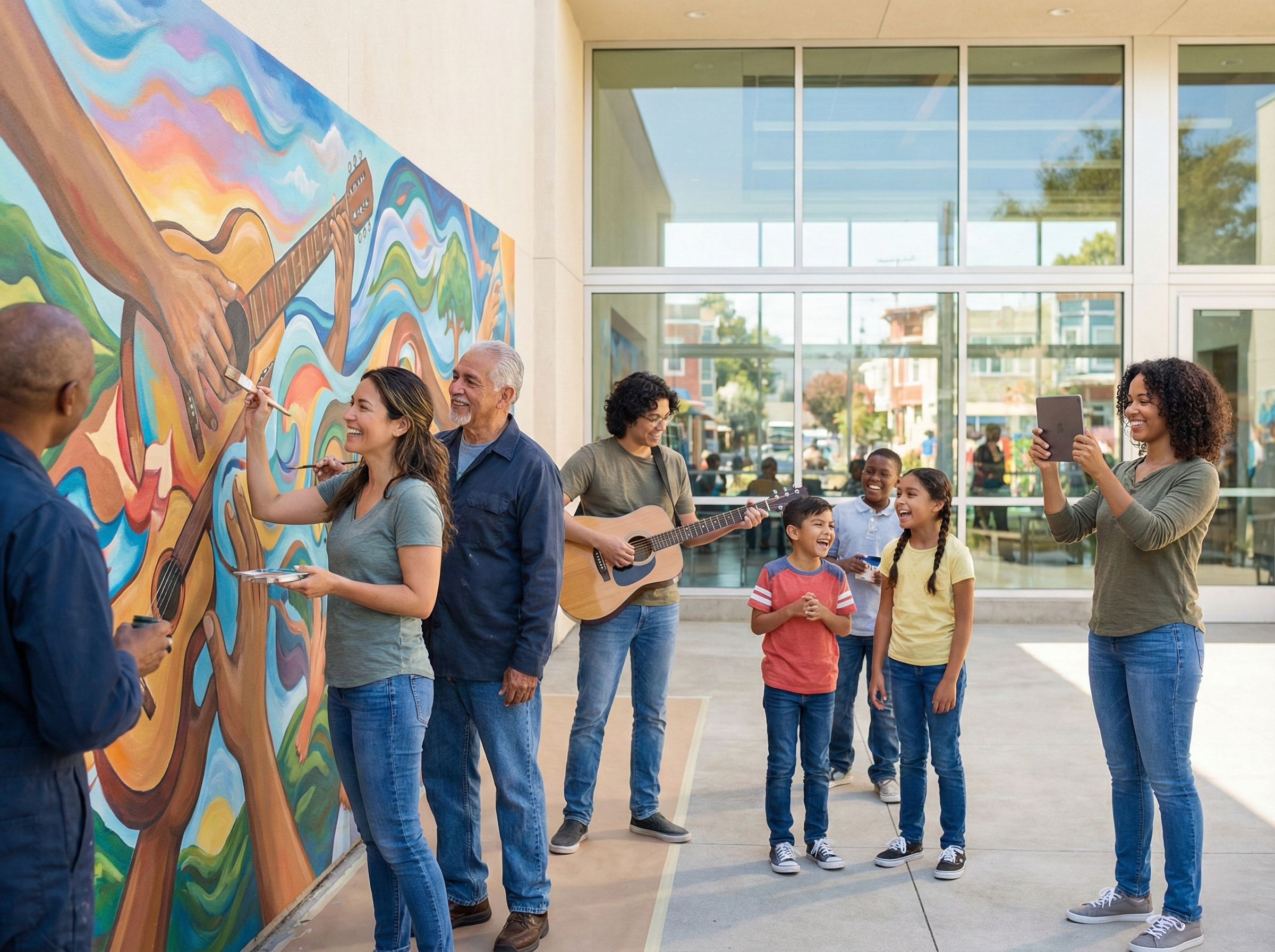 People collaborating on a colorful wall mural featuring musical instruments and patterns