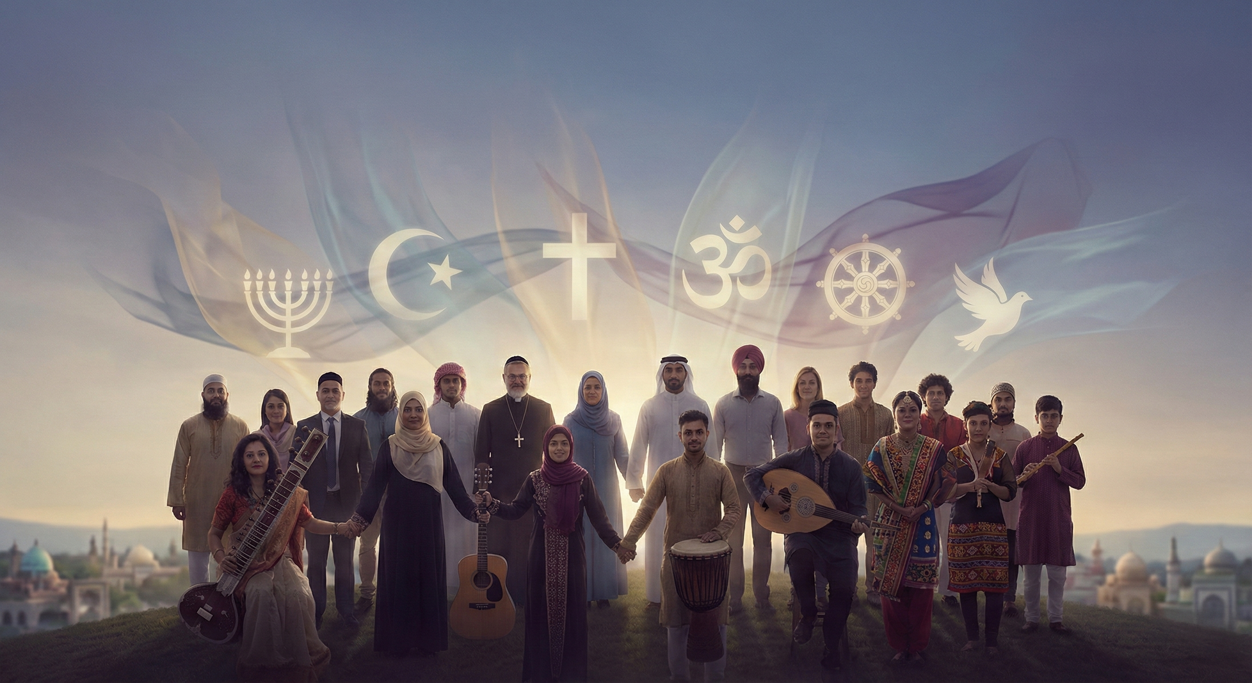 A multicultural group holding hands with musical instruments in an outdoor spiritual setting.