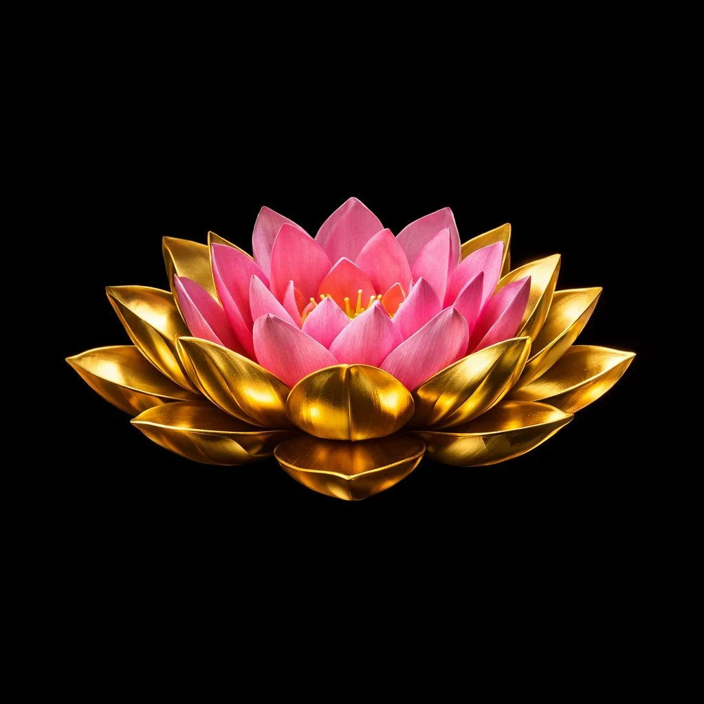 Pink lotus flower with metallic gold outer petals against a plain black background