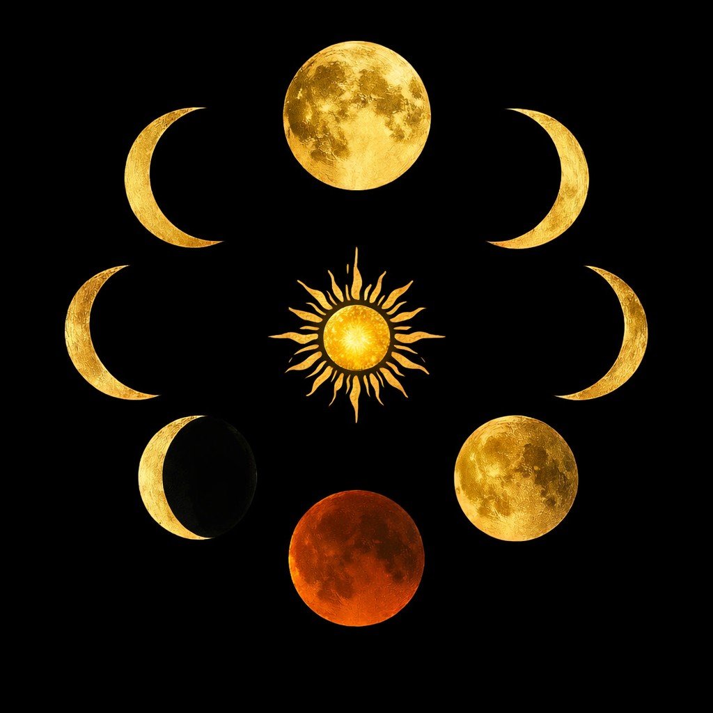 Golden sun surrounded by moon phases, including a red eclipse moon, arranged in a circular celestial pattern against a dark starry background