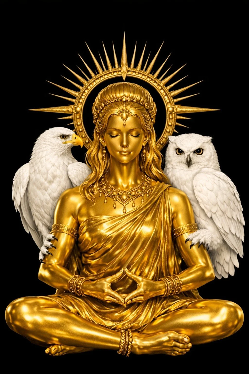 Golden seated meditating goddess with a radiant halo, hands in a triangular gesture, flanked by a white eagle and owl against a plain black background