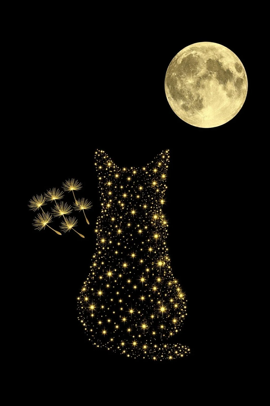 Golden star formed cat silhouette sitting looking up at a full moon, with glowing dandelion seeds drifting like a constellation of stars across a plain black background