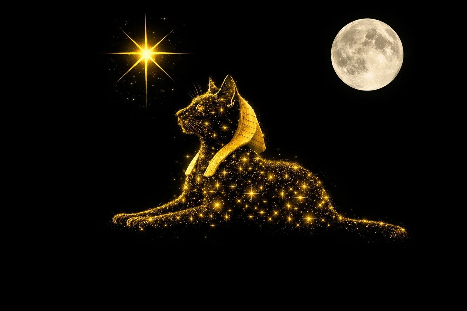 Golden star formed sphinx like cat wearing an Egyptian style headdress, looking up at a radiant golden star with a full moon above against a plain black background