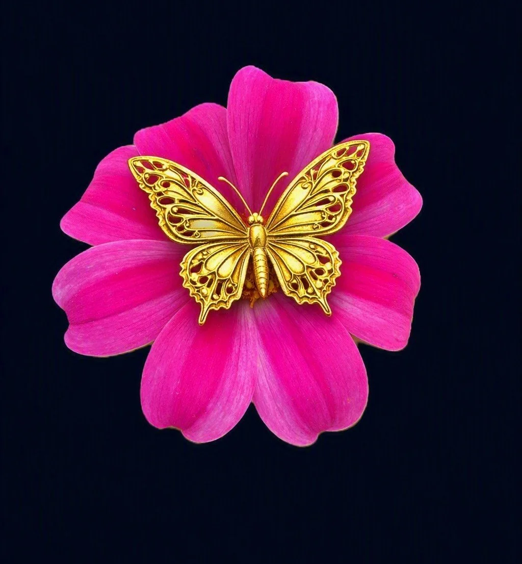 Vivid pink flower with an ornate golden butterfly resting at its center against a plain black background