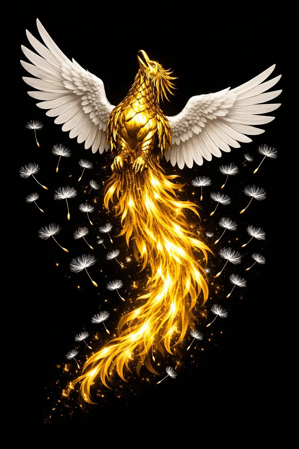 Golden phoenix rising with outstretched wings, its tail flowing into bright flames, surrounded by drifting white dandelion seeds on a dark background