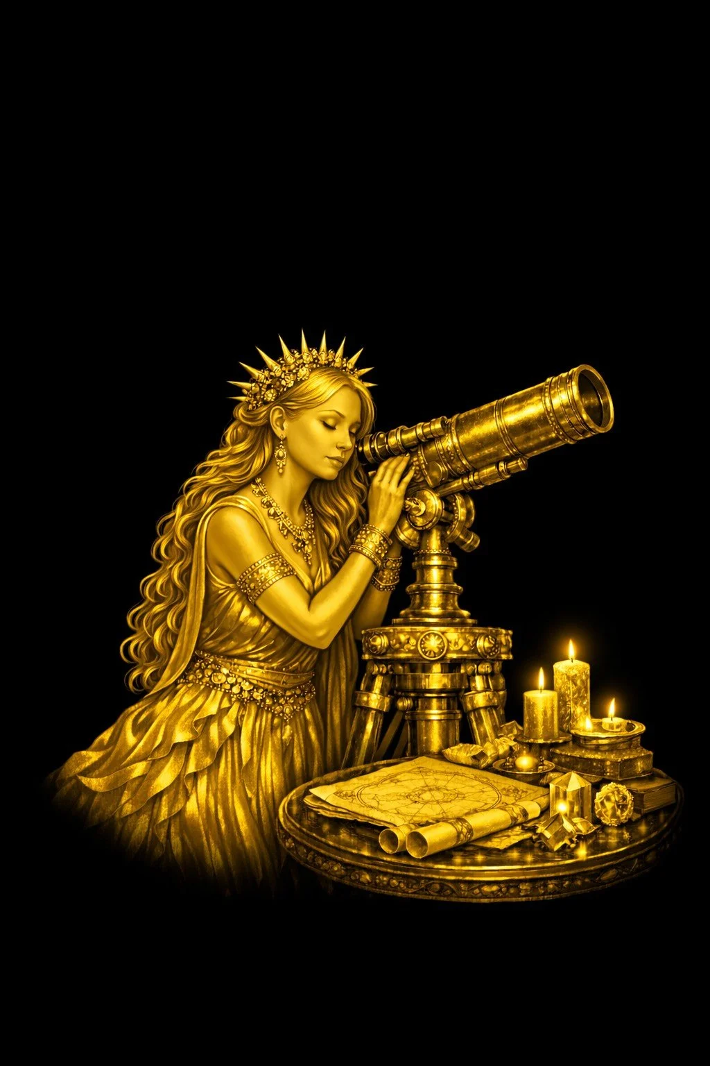 Golden ancient astronomer looking through an ornate telescope, surrounded by candles, scrolls, and a geometric chart on a round table against a plain black background