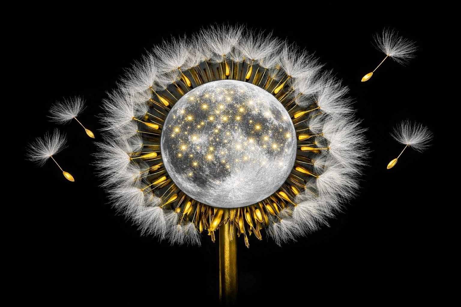 A full moon containing bright golden stars forms the core of a soft white dandelion with star‑like seeds floating off across a plain black background