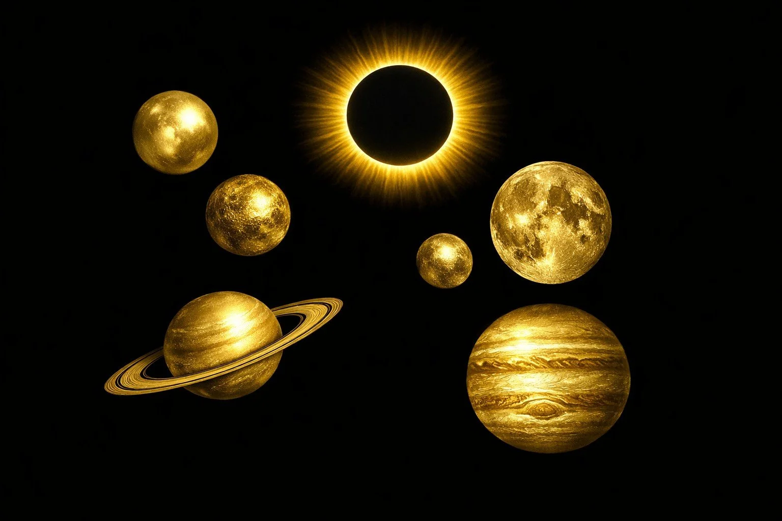 Golden celestial collection featuring a golden Moon, Saturn, Jupiter, and golden planets, and a solar eclipse against a plain black background