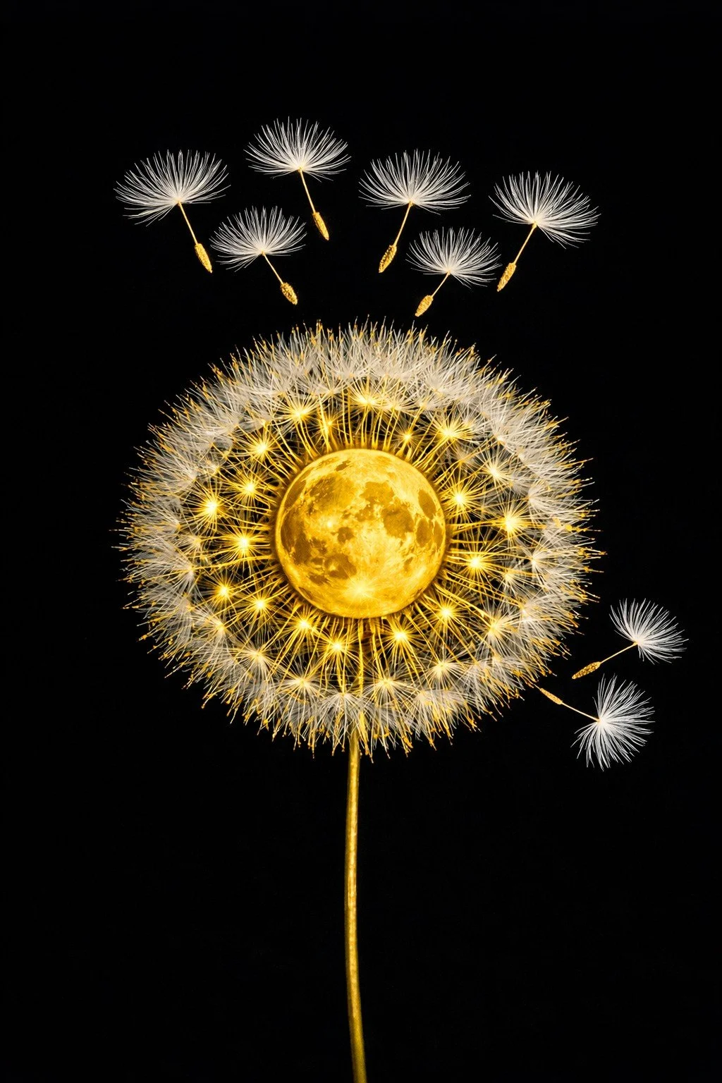 A golden moon containing bright golden stars forms the core of a soft white dandelion with star like seeds floating off across a plain black background